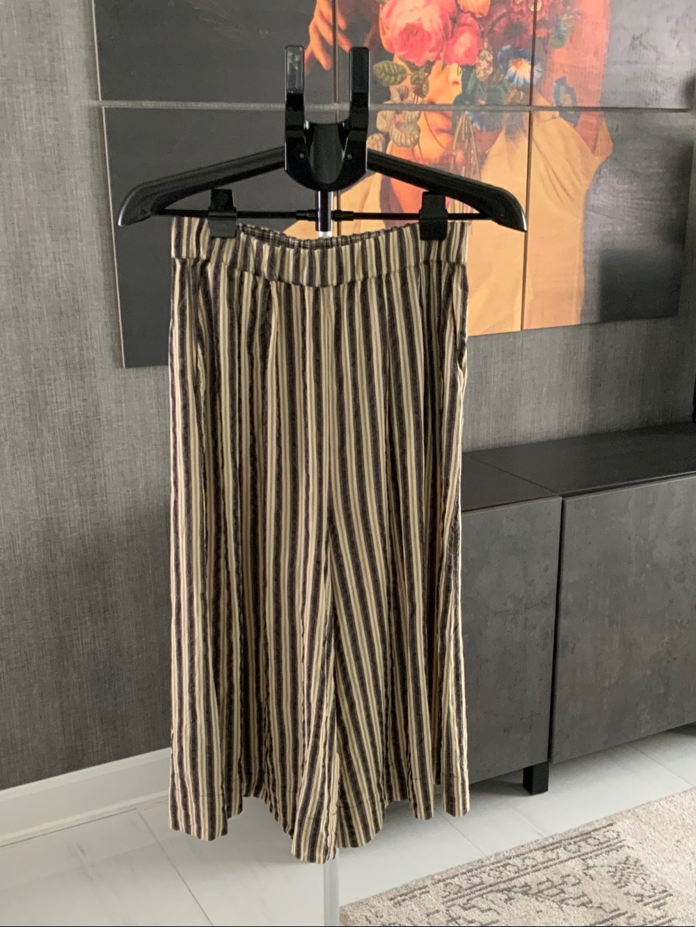 Yerse Cotton Wide Leg Striped Palazzo Pants - Cream, Gray and Black M
